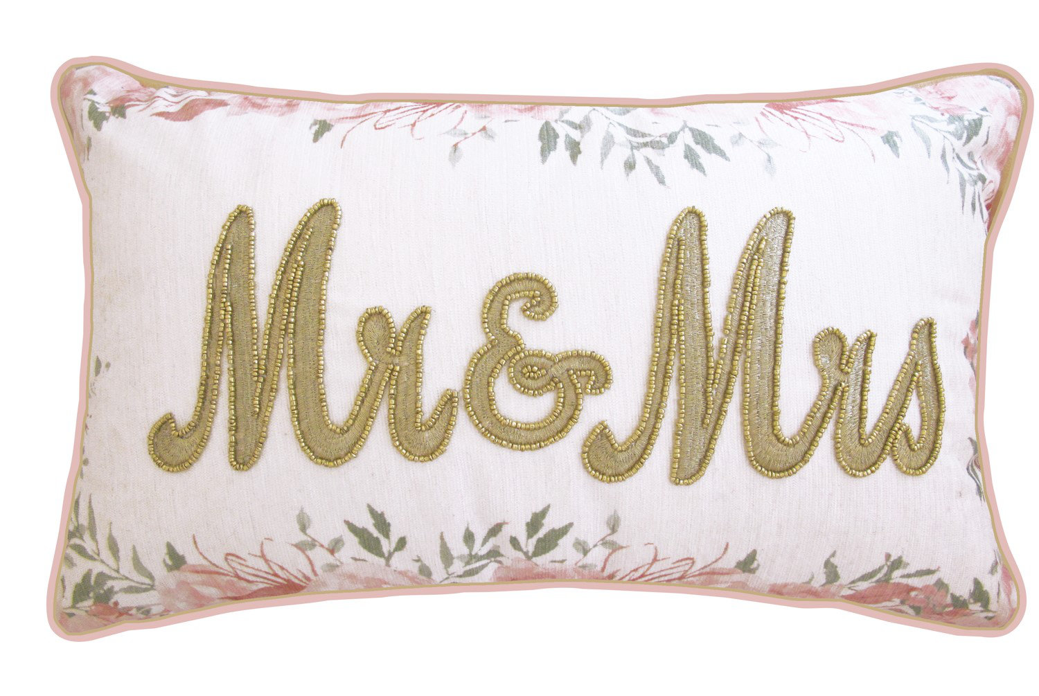Le Prise Floral Beaded Mr Mrs Decorative Lumbar Pillow