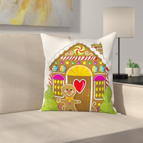 East Urban Home Gingerbread Man Candy House Square Pillow Cover