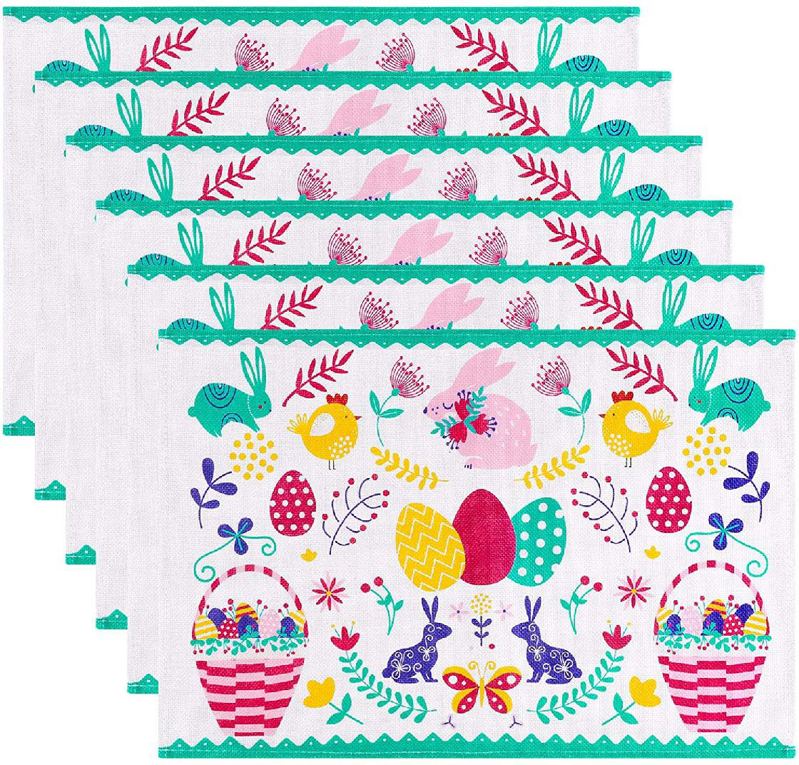 goodhong 6 Pack Easter Cotton Linen Placemats Rabbit Easter Egg Design