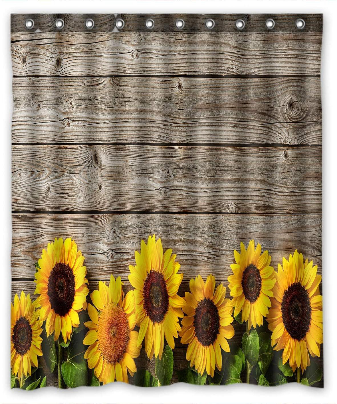 Rustic Wood Board Sunflowers Waterproof Fabric Shower Curtain Set Bathroom Liner 