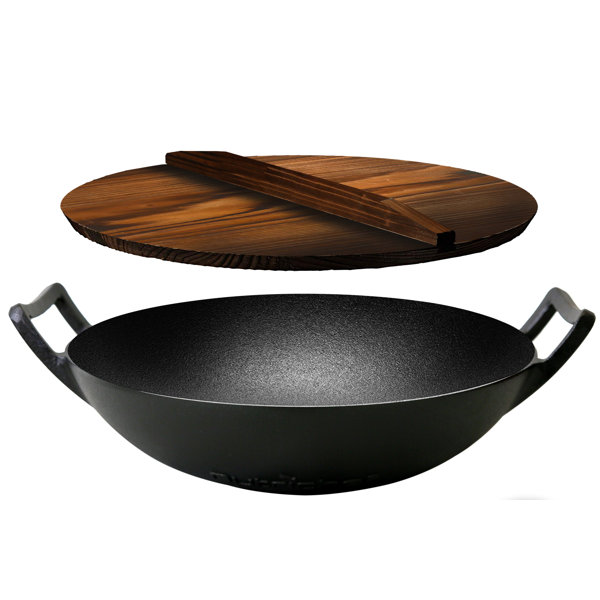 Handcrafted Oil Treated Cast Iron Frying Wok with Lid Pre-Seasoned Flat Bottom, Wood Lid, 32cm WANGYUANJI Cast Iron Wok 12.6 inches No Assist Handle