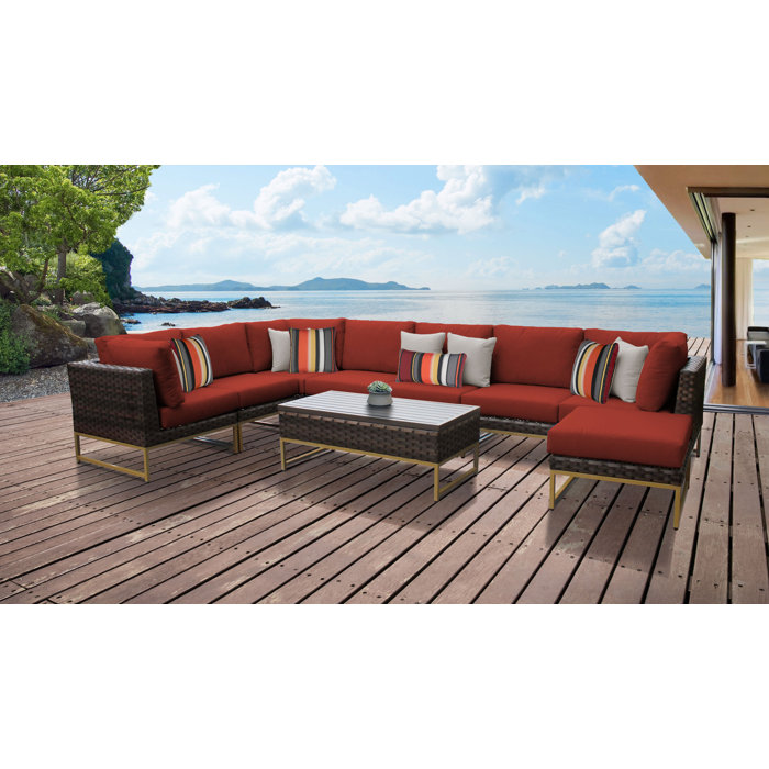 Joss and Main 9 Piece Rattan Sectional Seating Group with Cushion